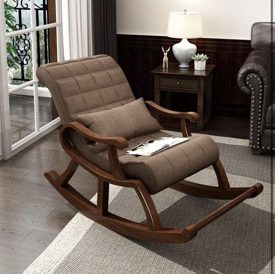 Solid Wood Rocking Chair | Balcony Rocking Chair | Recliner Adults Lazy Sofa | Home Easy Chair (Brown)
