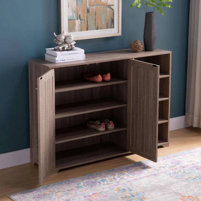 Rustic Wood Shoe Storage Bench with Sliding Doors