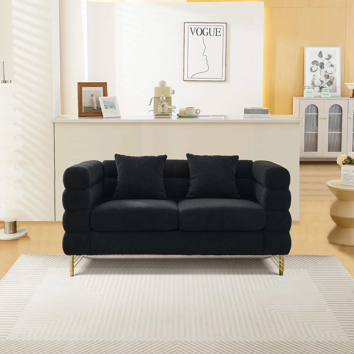 Phirkcraft  Modern Teddy Loveseat Sofa, 60 Inch Sectional Sofa Couch, Luxury 2 Seater Deep Couch with 2 Pillows and Gold Metal Legs for Living Room, Bedroom, Apartment