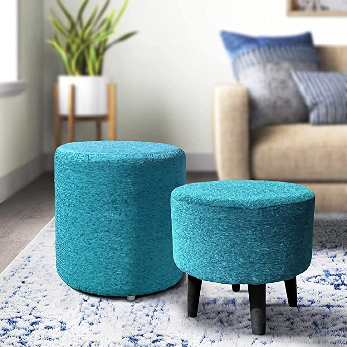 Ottoman Stool Set of 2 | Pouffes Sitting Stool for Living Room, Puffy Wooden Stools, Multicolour