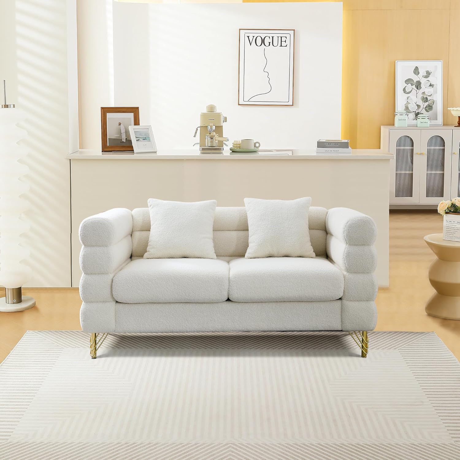 Phirkcraft  Modern Teddy Loveseat Sofa, 60 Inch Sectional Sofa Couch, Luxury 2 Seater Deep Couch with 2 Pillows and Gold Metal Legs for Living Room, Bedroom, Apartment