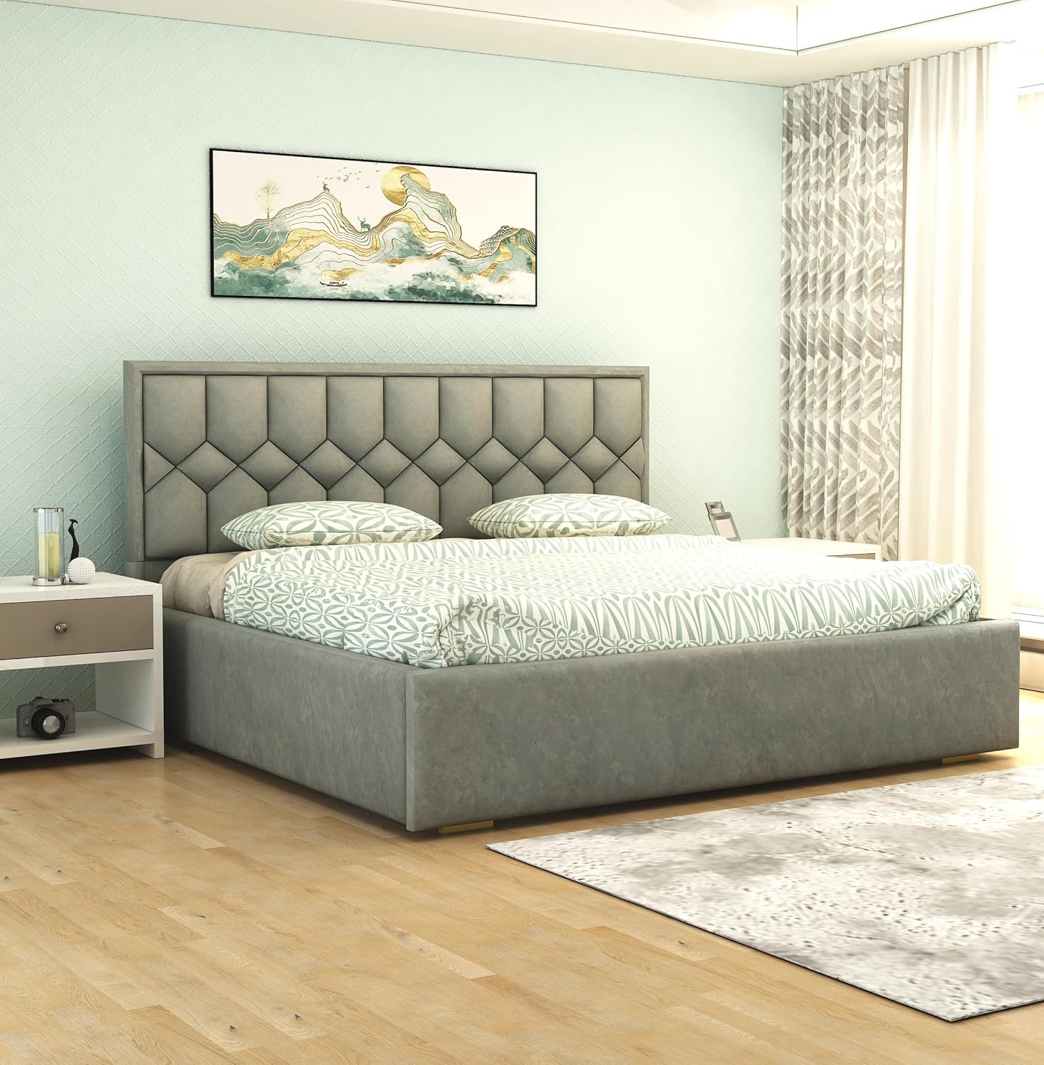 Phirkcraft Solid Wood Upholstered King Size Bed with Box Storage for Bedroom Living Room Wooden Double Bed Fabric Cot Palang Furniture (Grey)