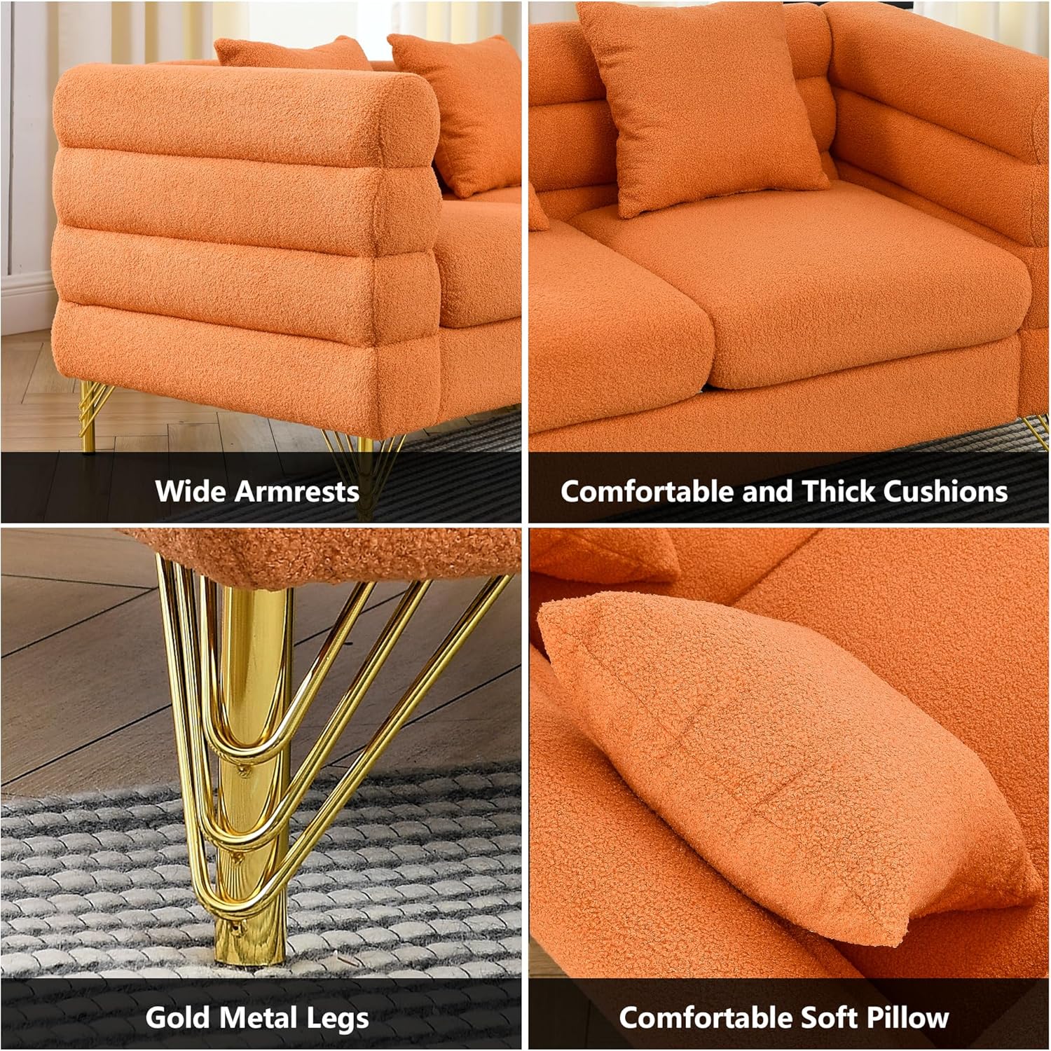 Phirkcraft  Modern Teddy Loveseat Sofa, 60 Inch Sectional Sofa Couch, Luxury 2 Seater Deep Couch with 2 Pillows and Gold Metal Legs for Living Room, Bedroom, Apartment