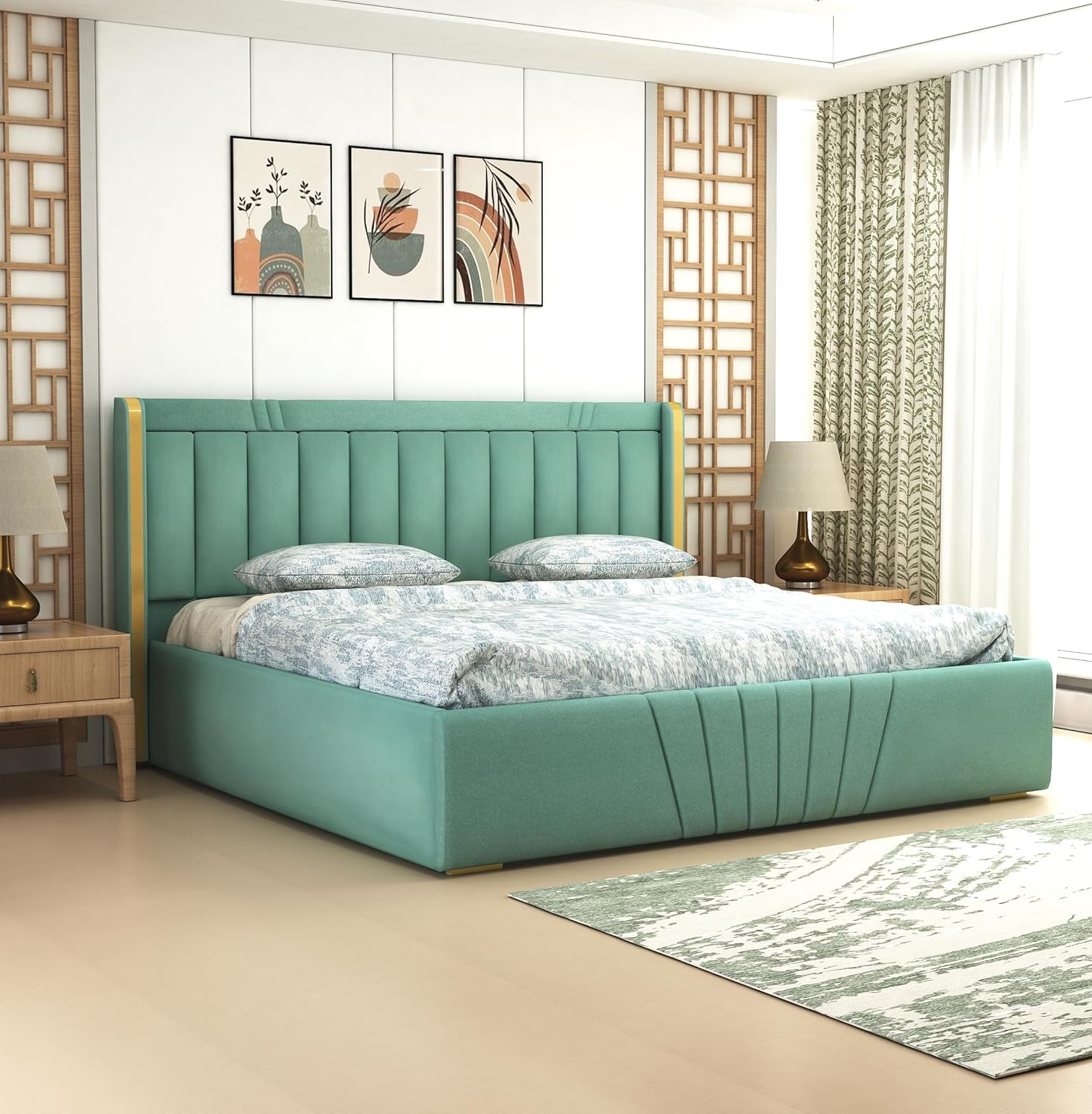 Teal bed in a stylish bedroom with decor elements.