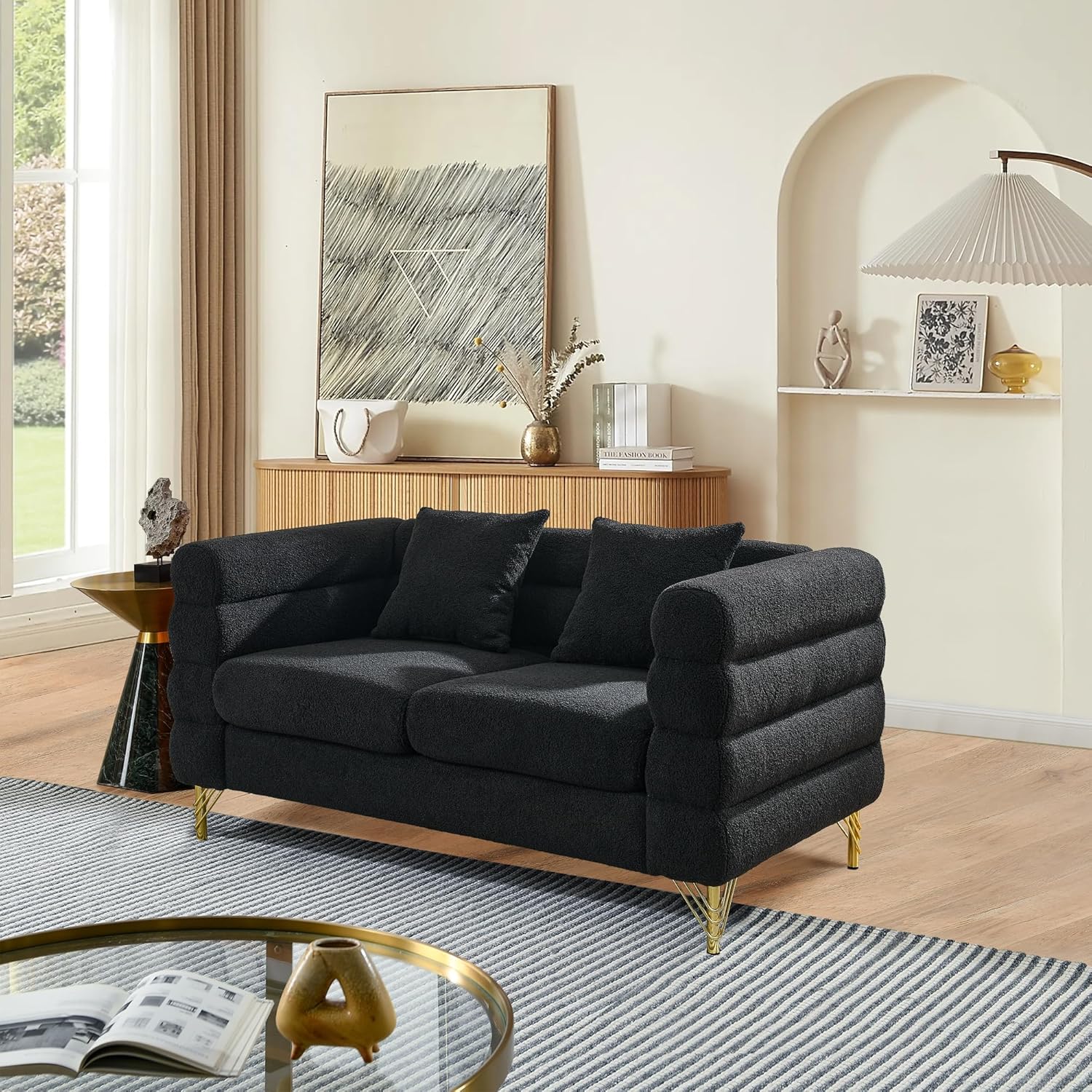 Phirkcraft  Modern Teddy Loveseat Sofa, 60 Inch Sectional Sofa Couch, Luxury 2 Seater Deep Couch with 2 Pillows and Gold Metal Legs for Living Room, Bedroom, Apartment