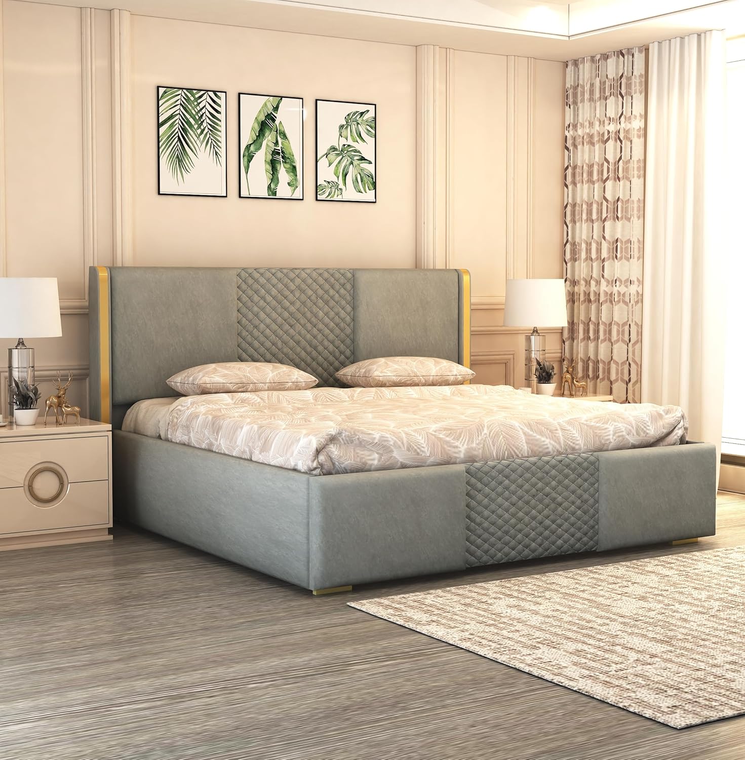 Phirkcraft Solid Wood Upholstered King Size Bed with Box Storage Wooden Double Bed Fabric Cot Palang for Bedroom Living Room (Grey)