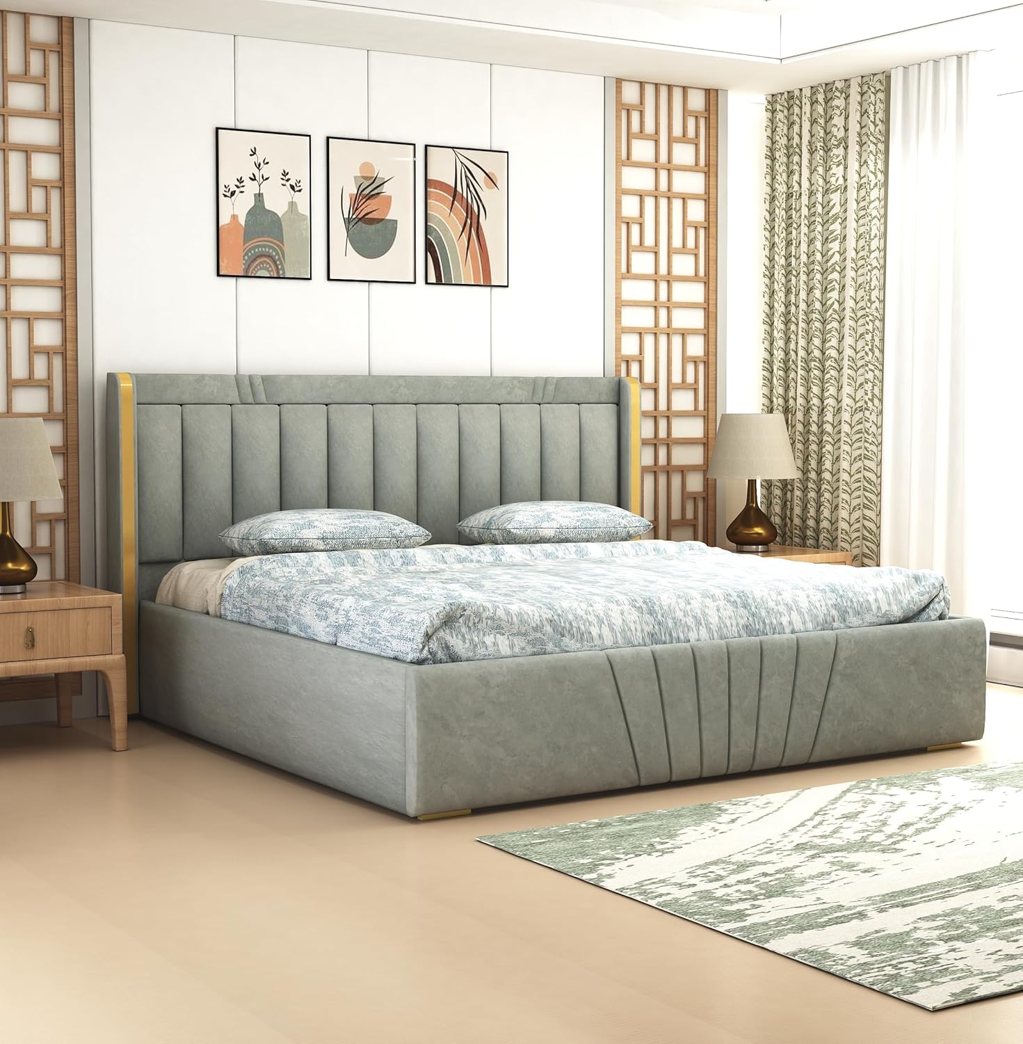 Phirkcraft Upholstered Queen Size Bed with Box Storage Solid Wood Fabric Bed Wooden Double Bed Cot Palang for Living Room Home Bedroom (Grey)