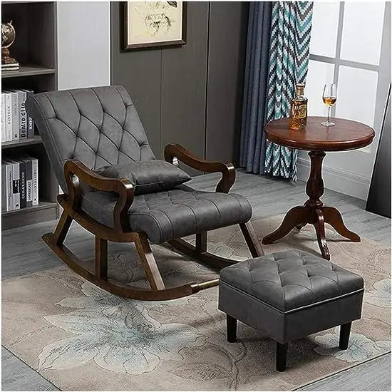 Handcrafted Sheesham Wood Rocking Chair With Ottoman_ Aaram Kursi _ Resting Arm Chair with Ottoman_Footrest (Grey)