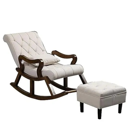 Handcrafted Sheesham Wood Rocking Chair With Ottoman off white color