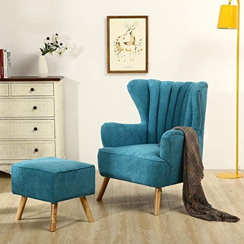 Handmade Dark Blue Wood Wing Chair with Footrest