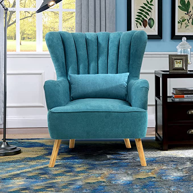 Handmade Dark Blue Wood Wing Chair with Footrest