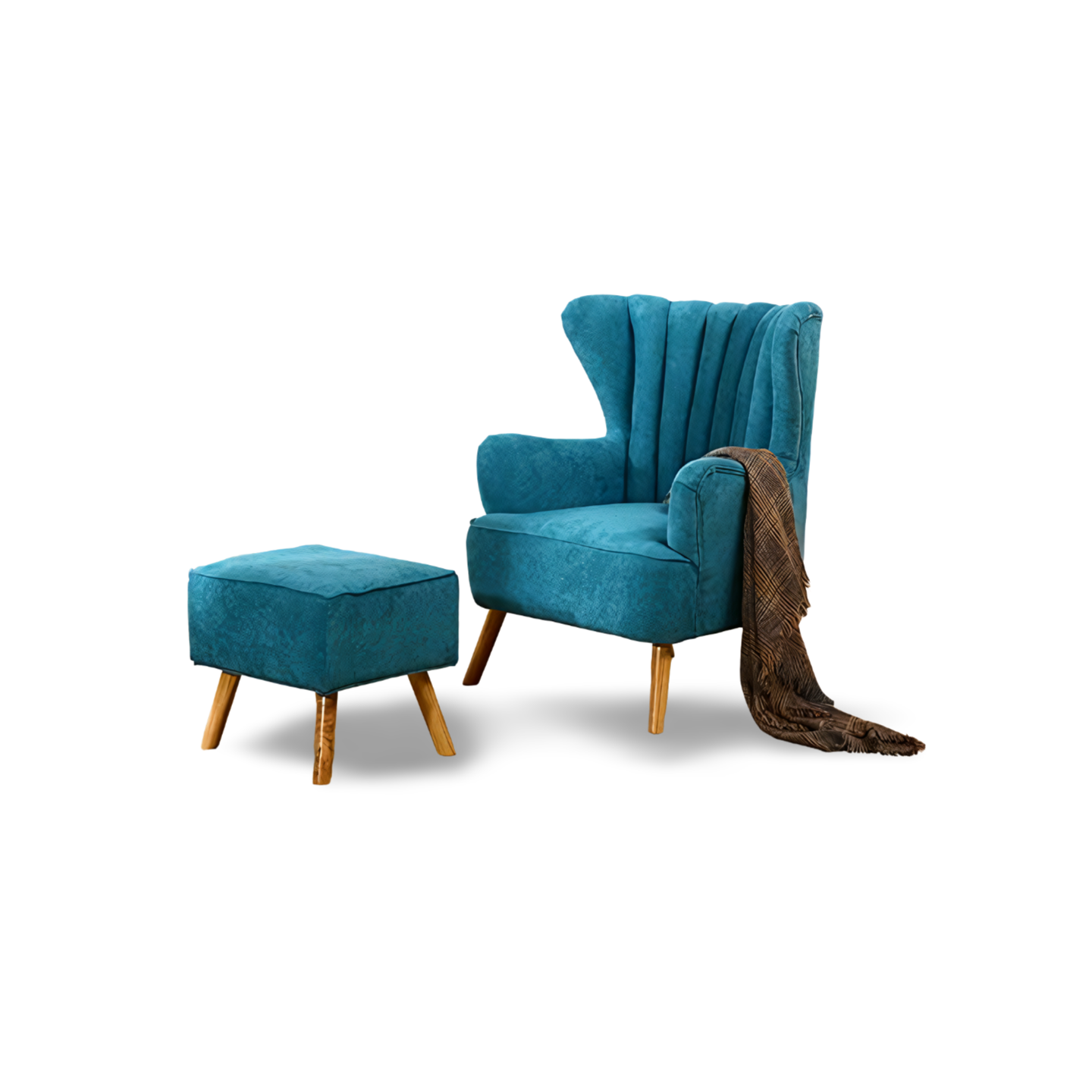 Handmade Dark Blue Wood Wing Chair with Footrest