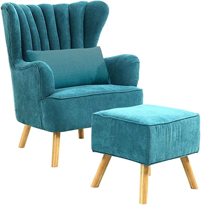 Handmade Dark Blue Wood Wing Chair with Footrest