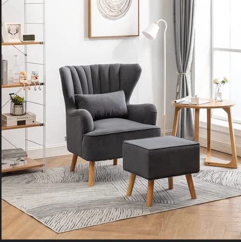 Handmade Dark grey Wood Wing Chair with Footrest