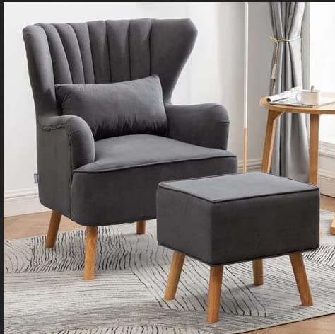 Handmade Dark grey Wood Wing Chair with Footrest