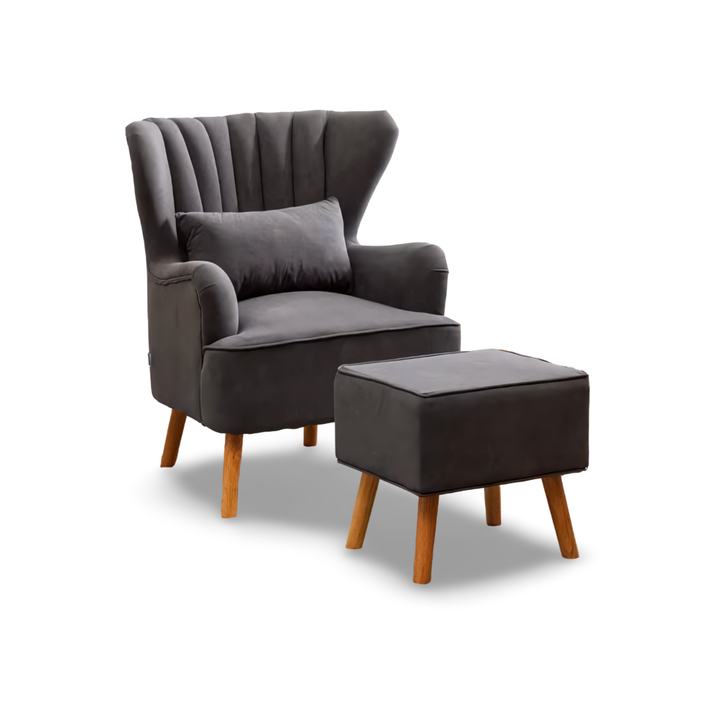 Handmade Dark grey Wood Wing Chair with Footrest