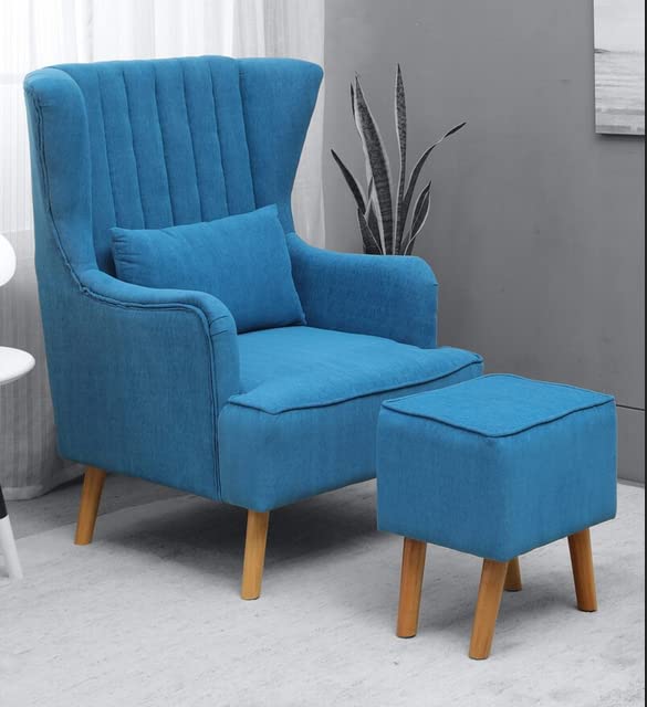 Handmade Light Blue Sheesham Wood Wing Chair with Footrest