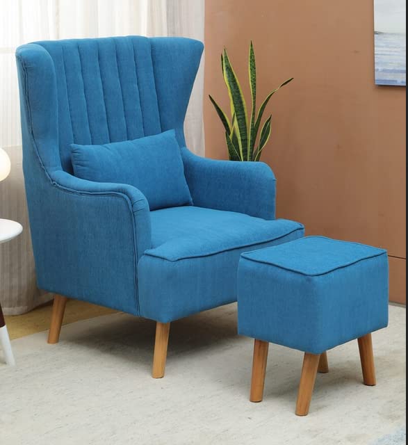 Handmade Light Blue Sheesham Wood Wing Chair with Footrest
