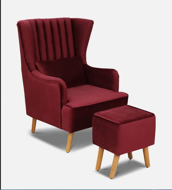 Handmade Maroon Sheesham Wood Wing Chair with Footrest