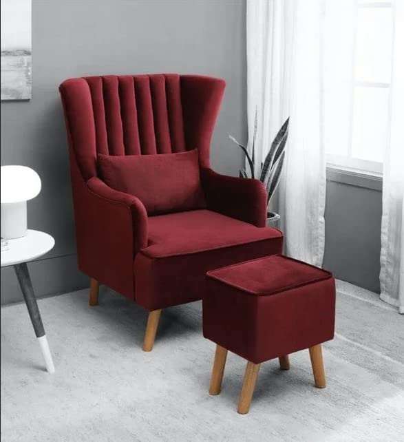 Handmade Maroon Sheesham Wood Wing Chair with Footrest