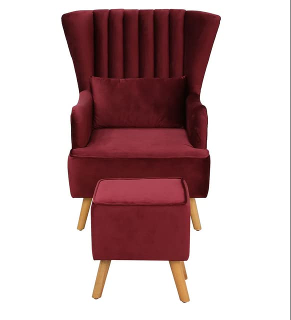 Handmade Maroon Sheesham Wood Wing Chair with Footrest
