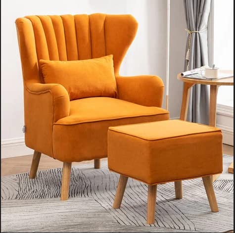  Handmade Orange Sheesham Wood Wing Chair with Footrest