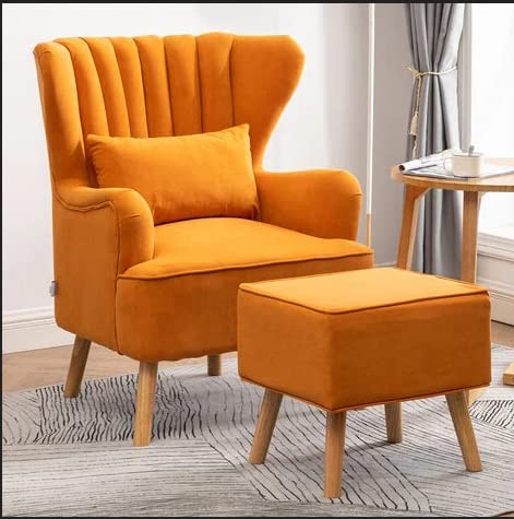  Handmade Orange Sheesham Wood Wing Chair with Footrest