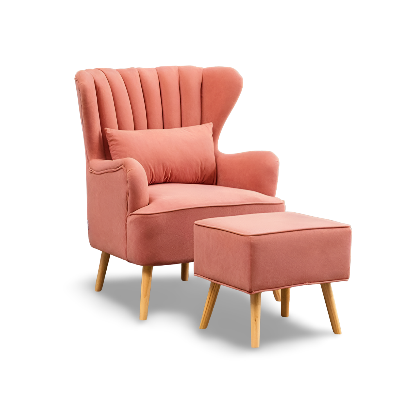 Handmade Solid Wood Wing Chair with Footrest in pink color