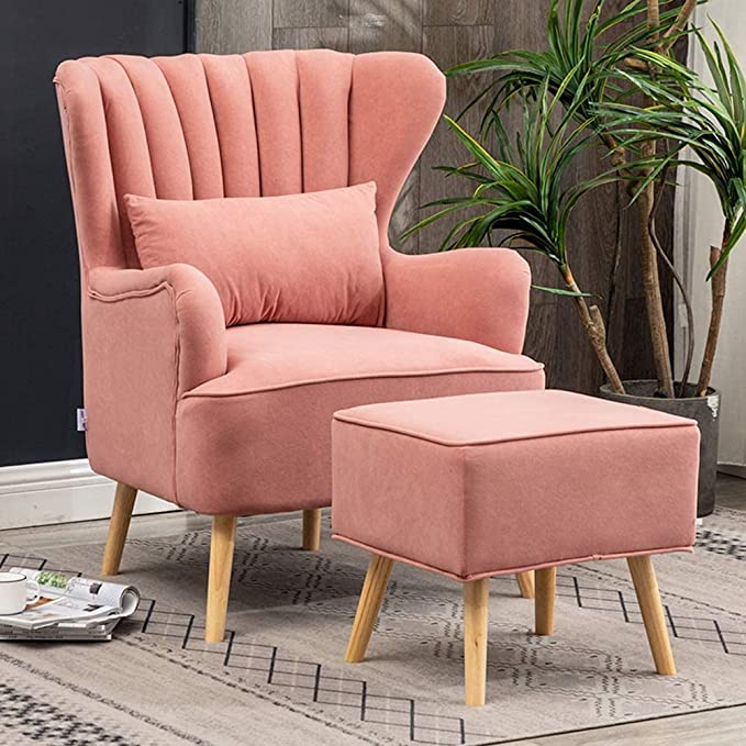 Handmade Solid Wood Wing Chair with Footrest in pink color