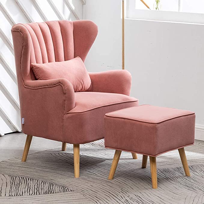 Handmade Solid Wood Wing Chair with Footrest in pink color