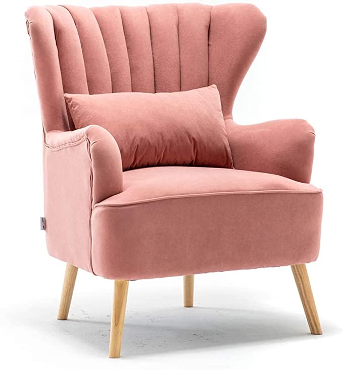 Handmade Solid Wood Wing Chair with Footrest in pink color