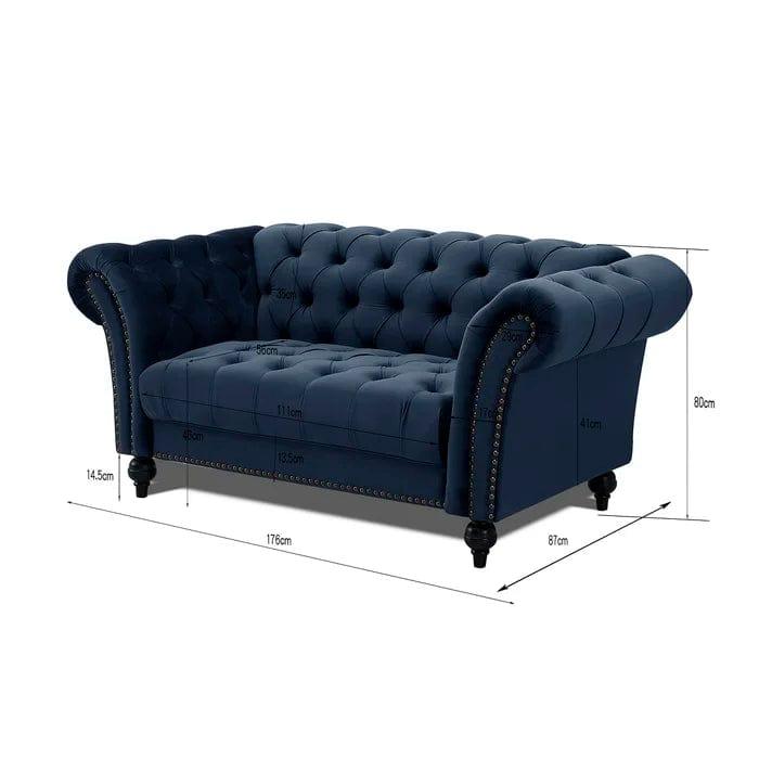 Wooden 2 Seater Chesterfield Sofa (Blue)