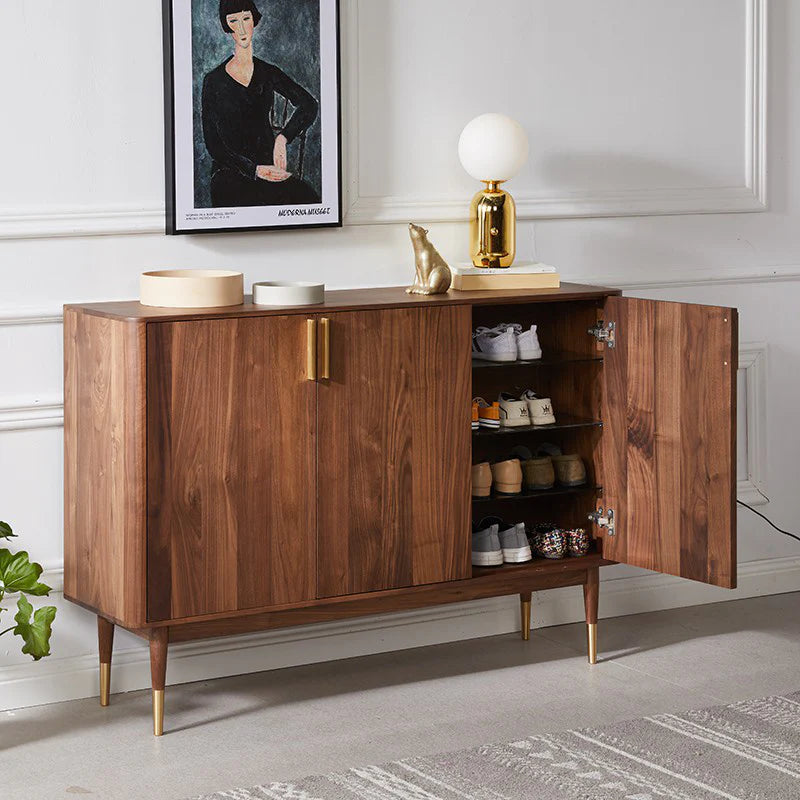 Mid-Century Modern Large Cherry Wood Shoe Cabinet with 3 Doors