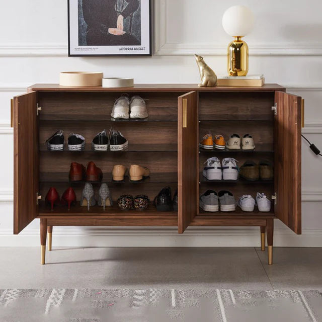 Mid-Century Modern Large Cherry Wood Shoe Cabinet with 3 Doors