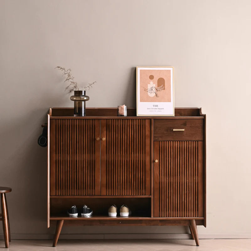 Modern Walnut Wooden Shoe Cabinet with Reeded Doors