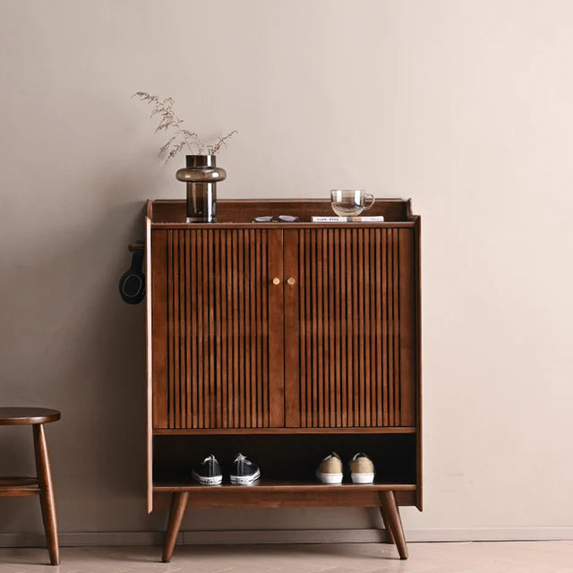 Modern Walnut Wooden Shoe Cabinet with Reeded Doors