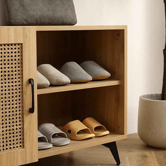 Modern Shoe Storage Cabinet with Natural Rattan Mesh Door and Solid Wooden Handle
