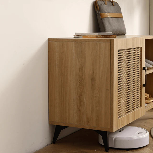 Modern Shoe Storage Cabinet with Natural Rattan Mesh Door and Solid Wooden Handle

