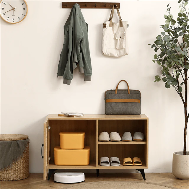 Modern Shoe Storage Cabinet with Natural Rattan Mesh Door and Solid Wooden Handle
