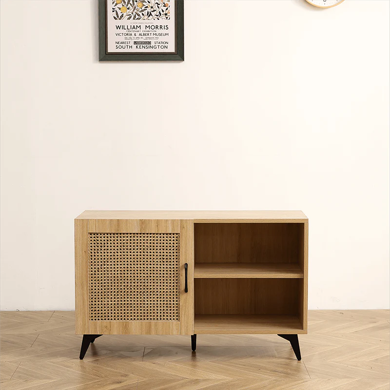 Modern Shoe Storage Cabinet with Natural Rattan Mesh Door and Solid Wooden Handle
