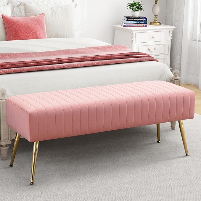 Ottoman Bench| Modern Upholstered Bedroom Benches | Footrest Stool Indoor Bench for Entryway Living Room Bedroom Dining Room (Velvet-Pink)
