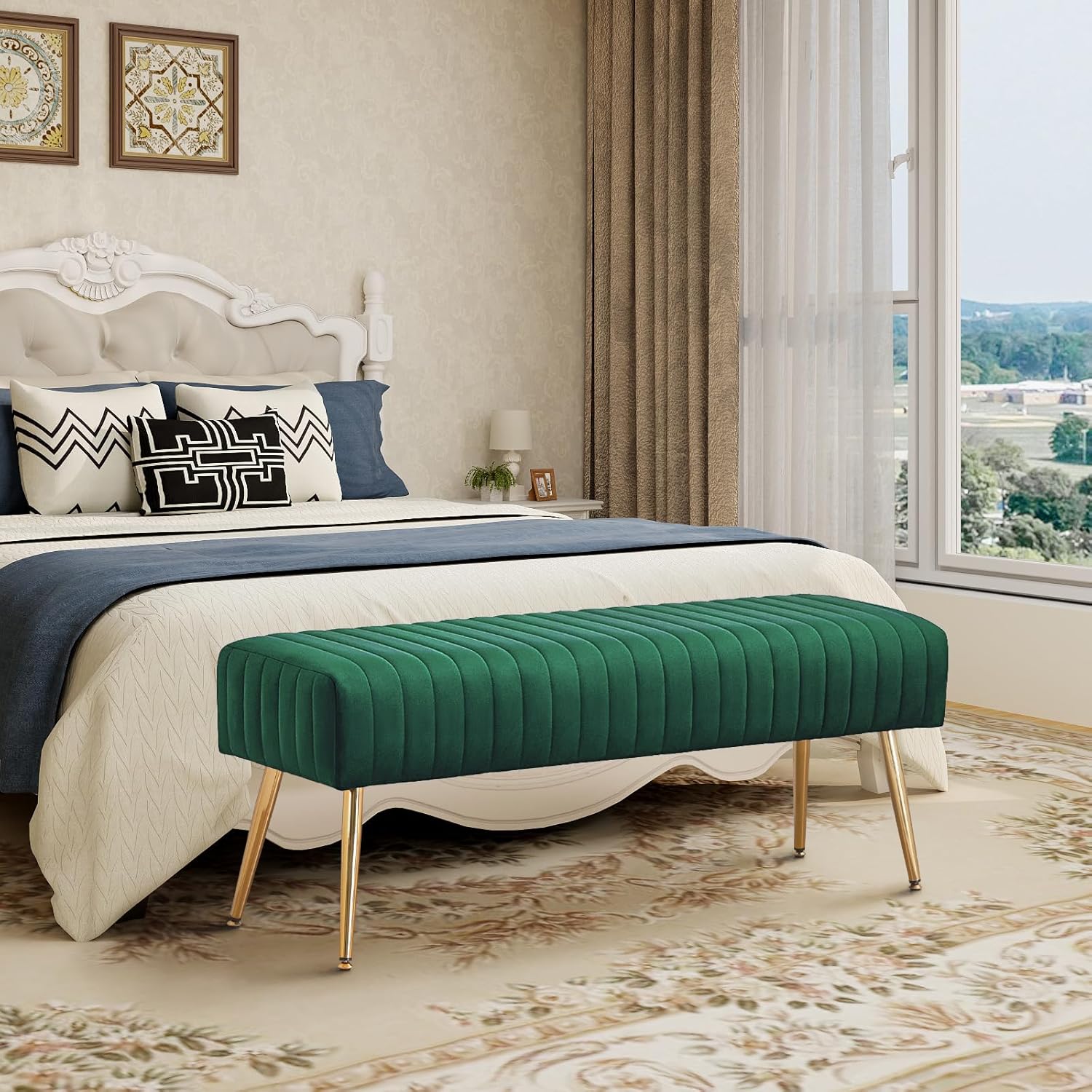 Ottoman Bench| Modern Upholstered Bedroom Benches | Footrest Stool Indoor Bench for Entryway Living Room Bedroom Dining Room (Velvet-green)