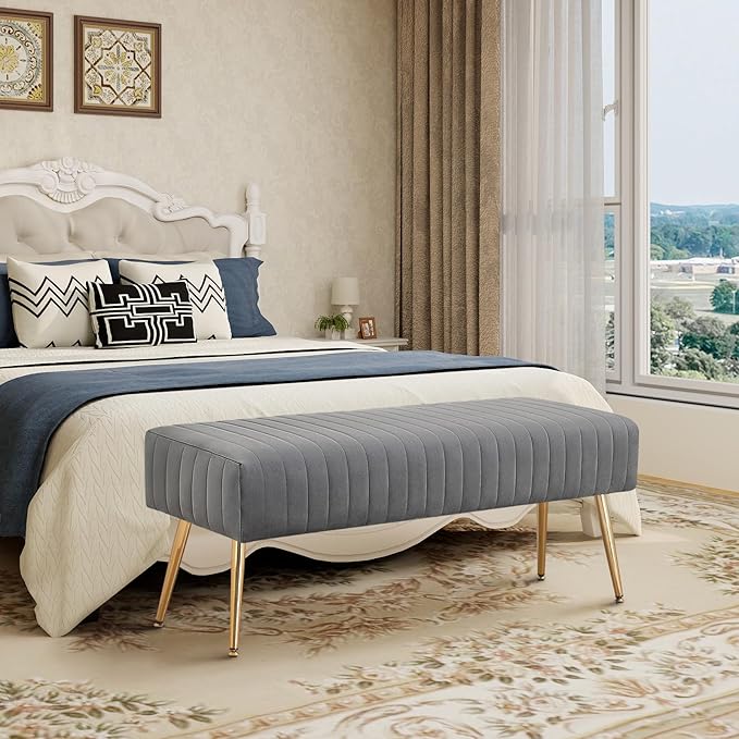 Ottoman Bench| Modern Upholstered Bedroom Benches | Footrest Stool Indoor Bench for Entryway Living Room Bedroom Dining Room (Velvet-grey)