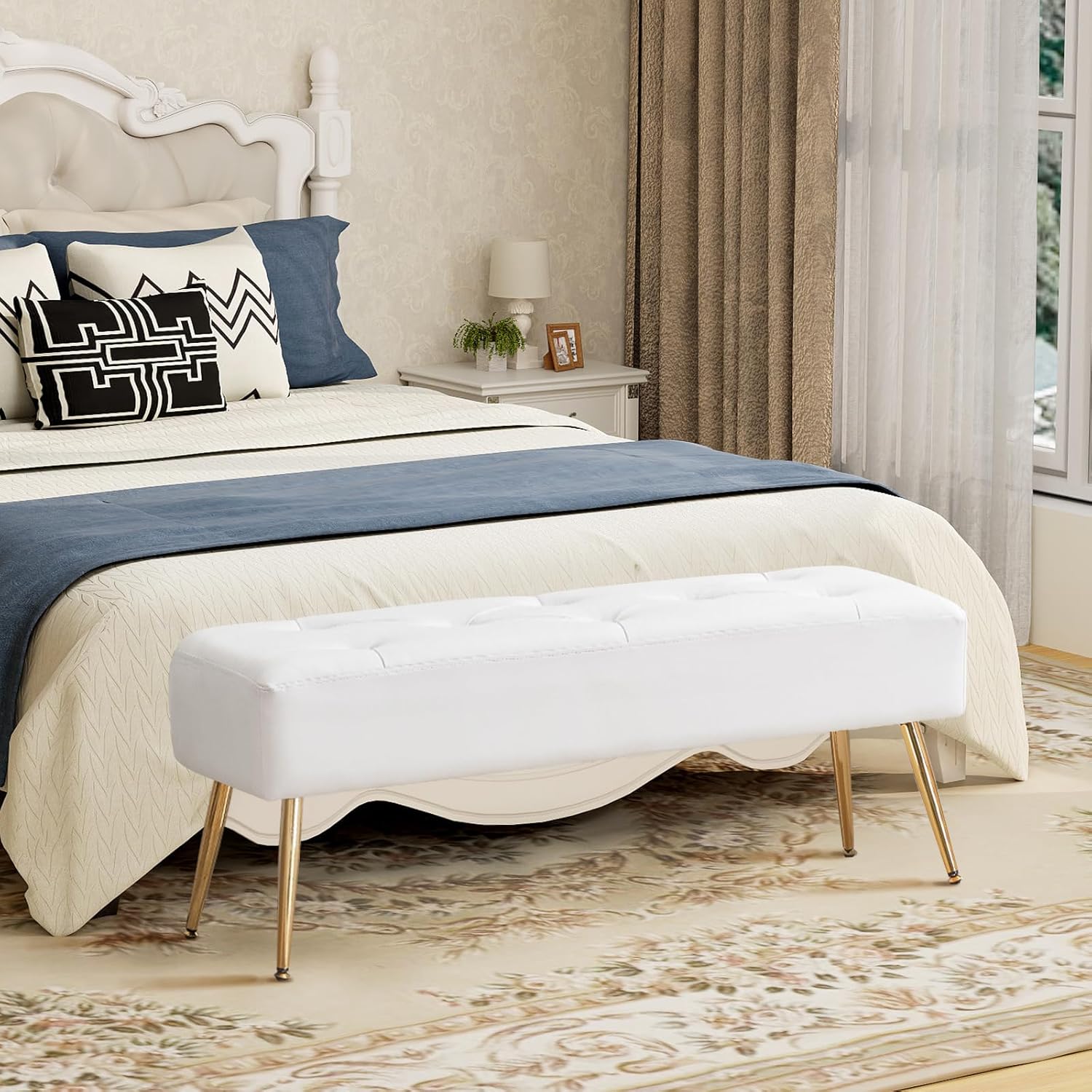 Ottoman Bench| Modern Upholstered Bedroom Benches | Footrest Stool Indoor Bench for Entryway Living Room Bedroom Dining Room (Velvet-white)