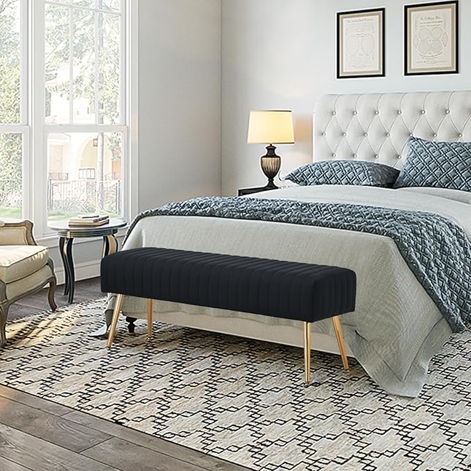 Ottoman Bench| Modern Upholstered Bedroom Benches | Footrest Stool Indoor Bench for Entryway Living Room Bedroom Dining Room (Velvet-black)