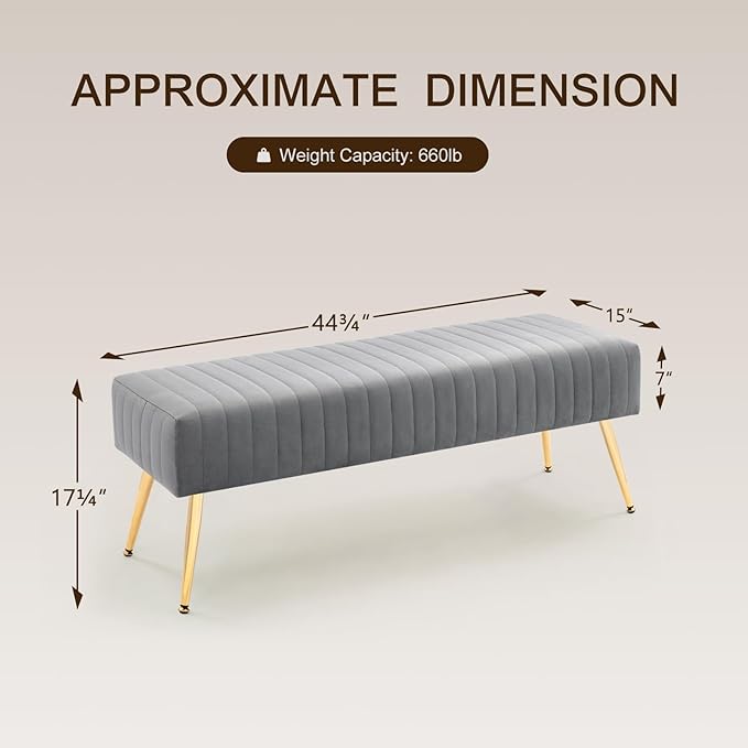 Ottoman Bench| Modern Upholstered Bedroom Benches | Footrest Stool Indoor Bench for Entryway Living Room Bedroom Dining Room (Velvet-grey)