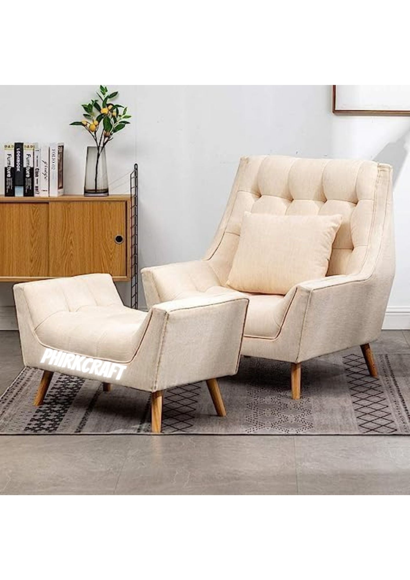 Wooden Wing Chair For Living Room, Arm Chair With Ottoman (Beige)