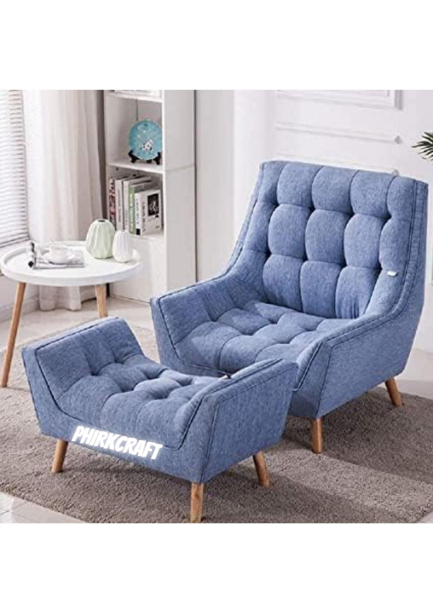 Handmade Solid Wood Arm Chair with Footrest – Light Blue | Luxurious Velvet Armchair for Living Room & Bedroom