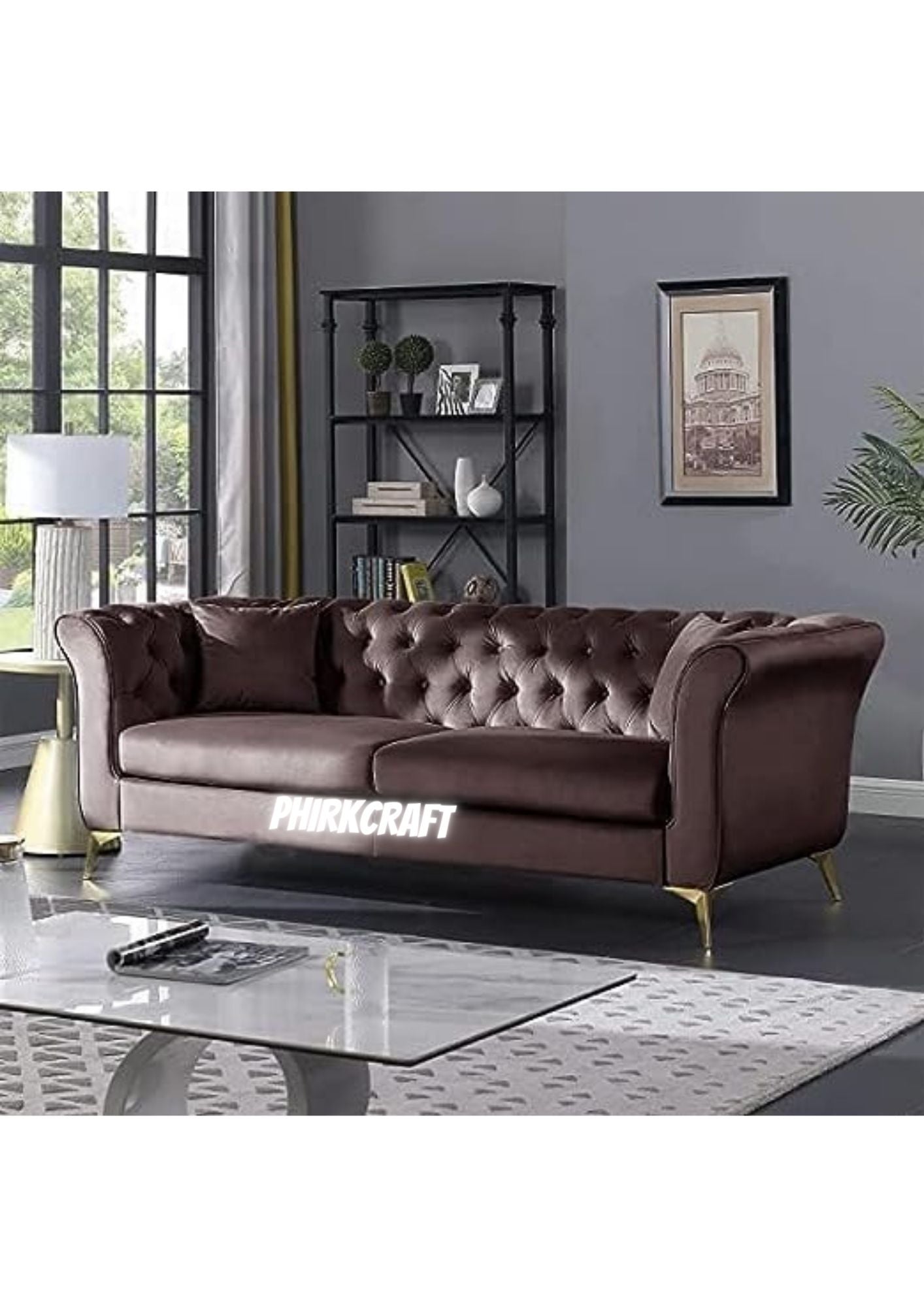 Solid Wood Velvet Touch Fabric 3 Seater Sofa With Metal Legs (Brown)