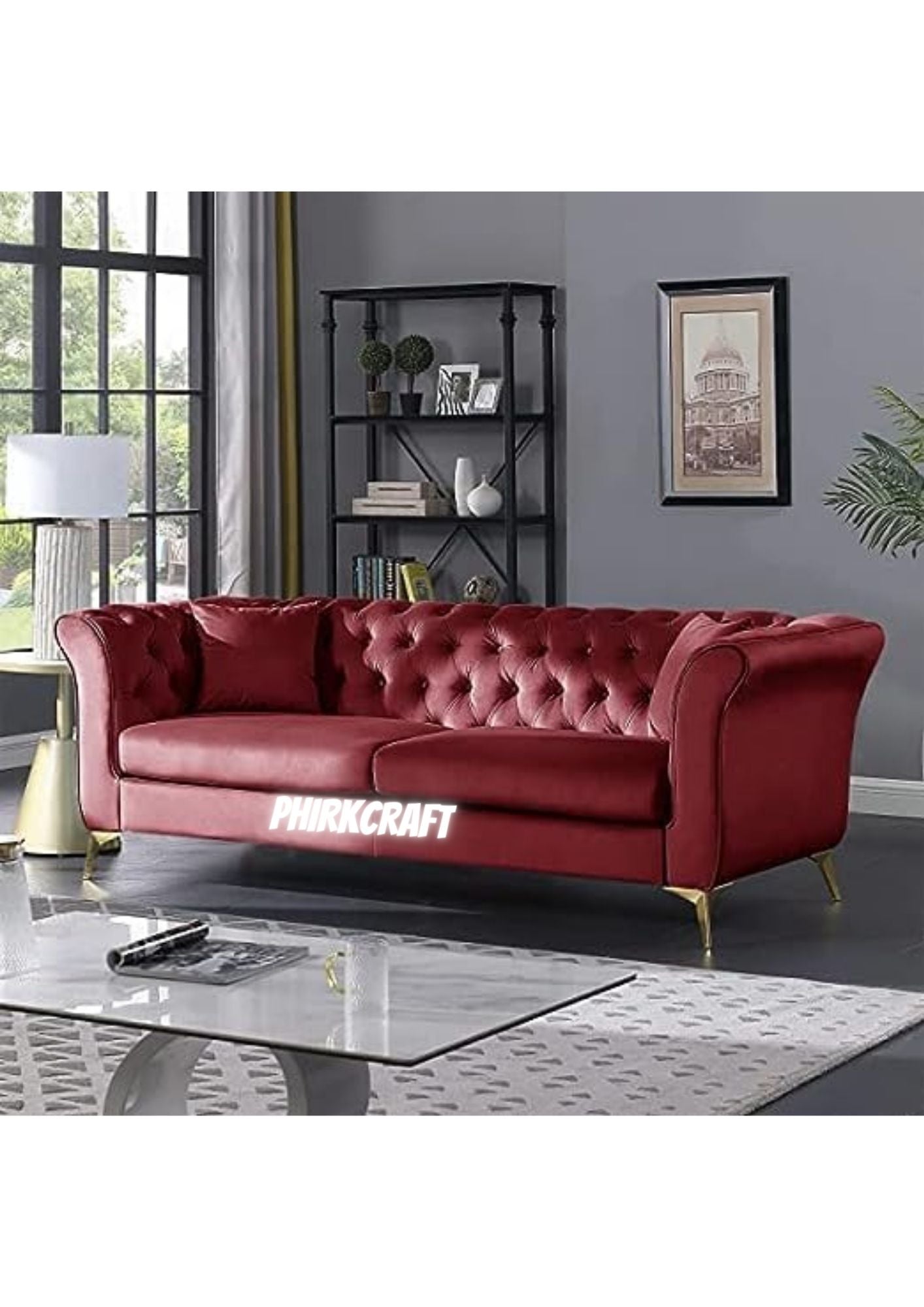 Solid Wood Velvet Touch Fabric 3 Seater Sofa With Metal Legs (Cherry)